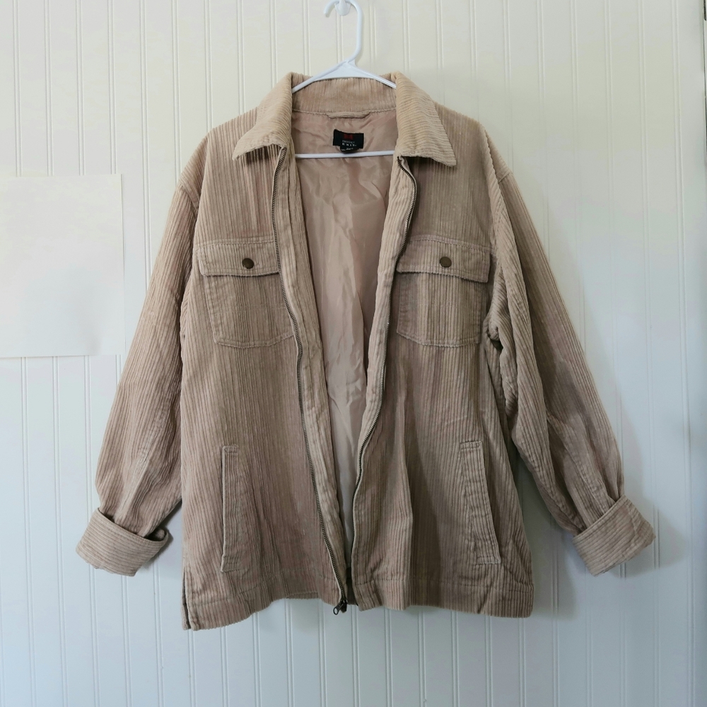 Women's Corduroy Shacket Shirt Jacket Emergency Exit Beige Tan Zip Front XL